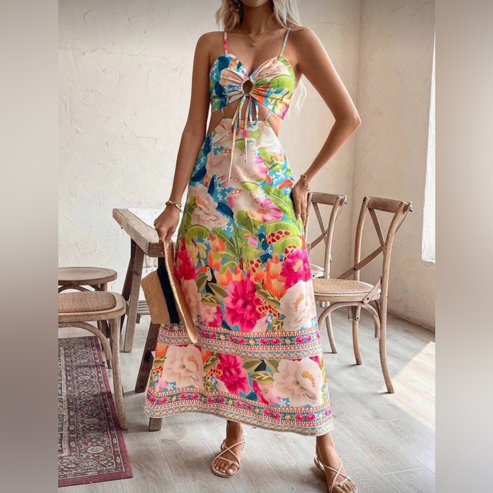 Floral Multicolor Maxi Dress with cutout sides. Perfect for your next vacation!